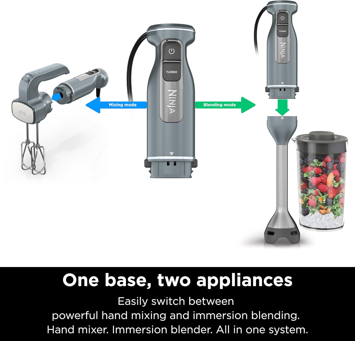 TorqueGrind Hand Mixer, Immersion Blender, Foodi Power Mixer System, 750-Peak-Watt Handheld Emulsion Blender & Electric Hand Mixer Combo With Whisk, Beaters & 3-Cup Blending Vessel,120 volts, Black CI101