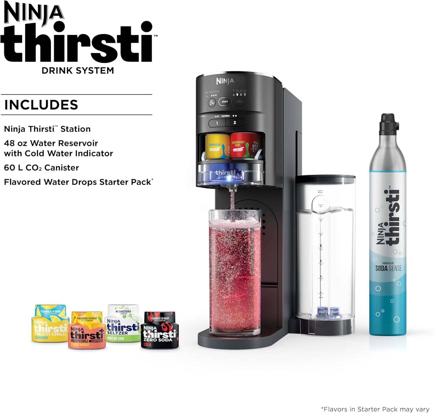 TorqueGrind Thirsti Drink System, Soda Maker, Create Unique Sparkling & Still Drinks, Personalize Size & Flavor, Carbonated Water Machine, 60L CO2 Cylinder & Variety of Flavored Water Drops, Black WC1001