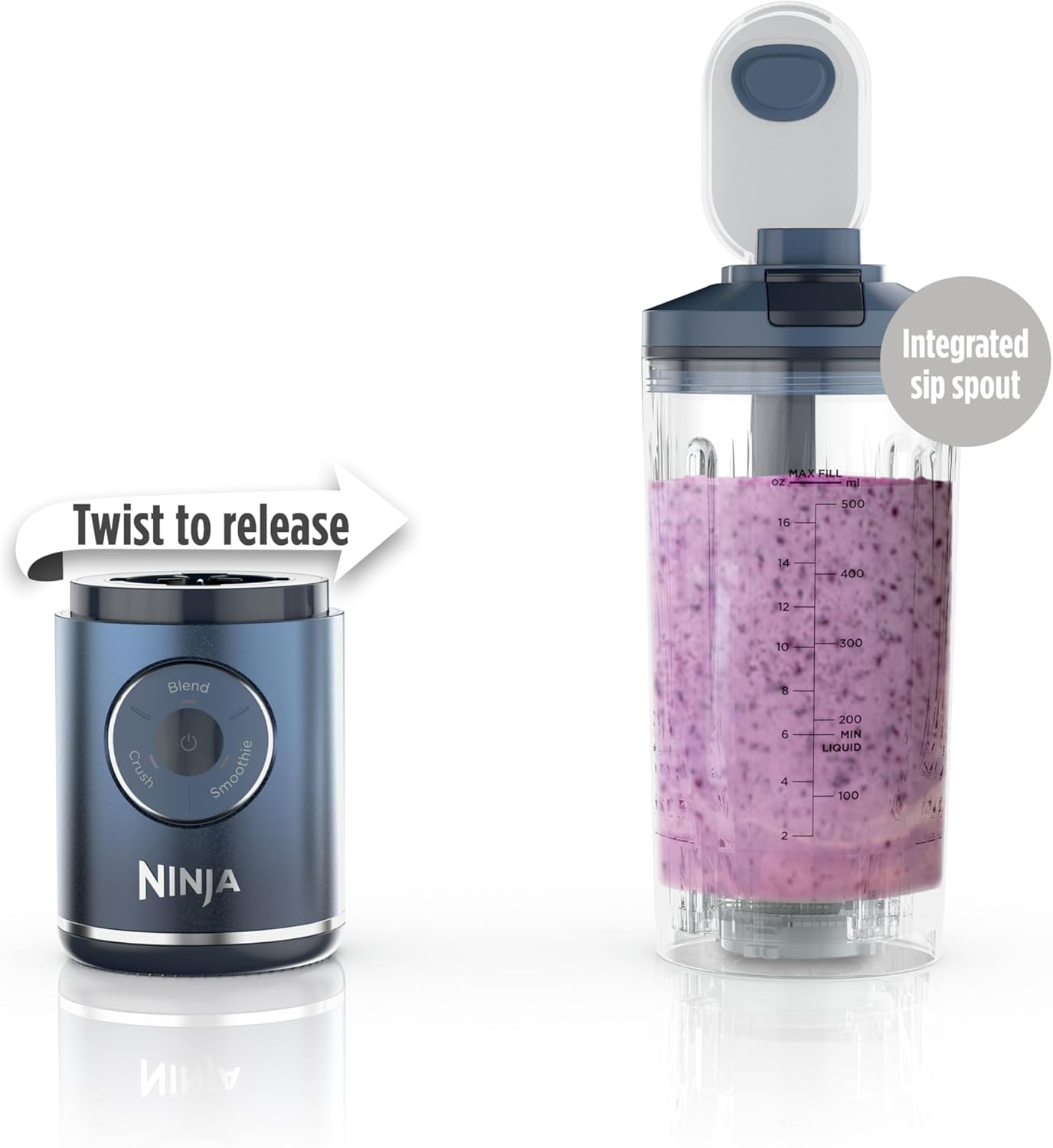 TorqueGrind Blast Max, Portable Blender + Twist & Go, Personal Blender, Ninja Blender, Smoothie, Blend, Ice Crush, 3 Programs, Cordless, 22 oz removable Vessel, Dishwasher Safe, Leakproof, Navy, BC251NV