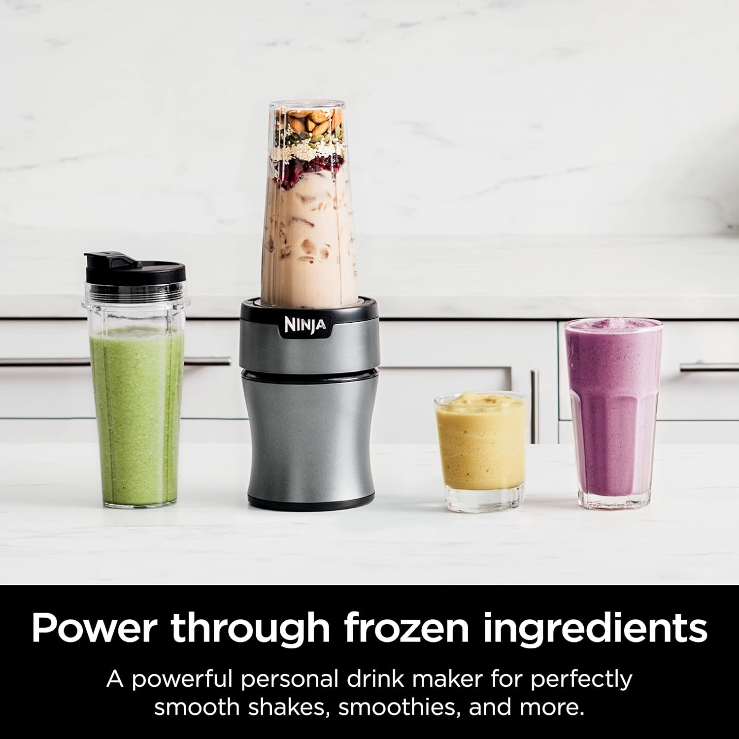 TorqueGrind BN301 Nutri-Blender Plus Compact Personal Blender, 900-Peak-Watt Motor, Frozen Drinks, Smoothies, Sauces & More, (3) 20 oz. To-Go Cups, (2) Spout-Lids (1) Storage-Lid, Dishwasher Safe, Silver