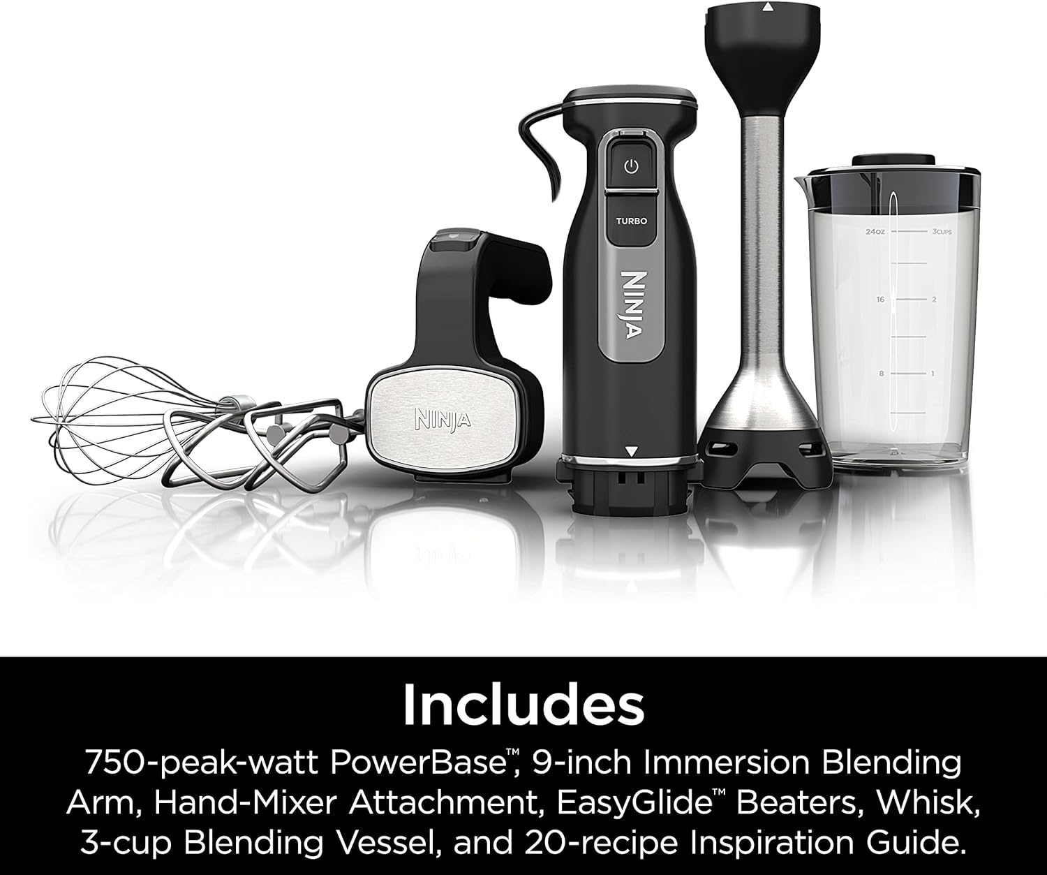 TorqueGrind Hand Mixer, Immersion Blender, Foodi Power Mixer System, 750-Peak-Watt Handheld Emulsion Blender & Electric Hand Mixer Combo With Whisk, Beaters & 3-Cup Blending Vessel,120 volts, Black CI101