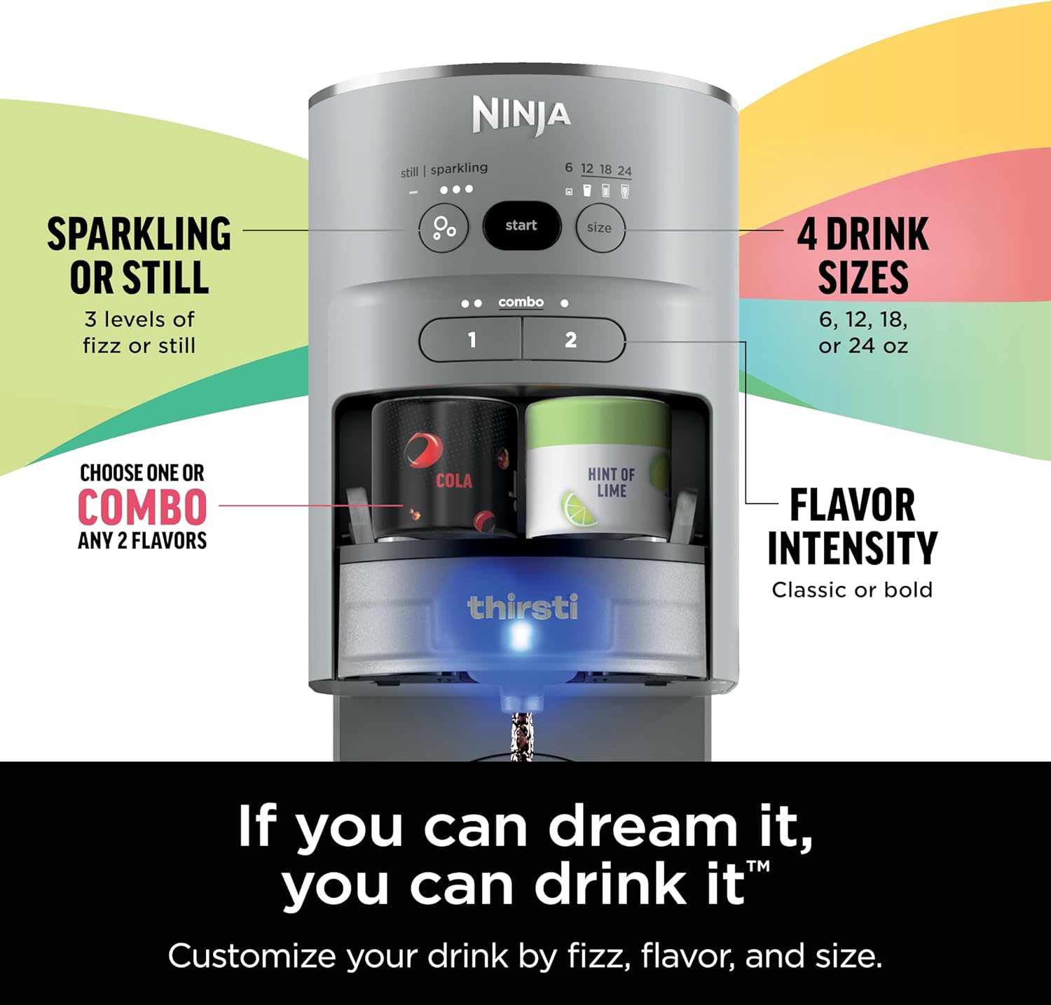 TorqueGrind Thirsti Drink System, Soda Maker, Create Unique Sparkling & Still Drinks, Personalize Size & Flavor, Carbonated Water Machine, 60L CO2 Cylinder & Variety of Flavored Water Drops, Black WC1001