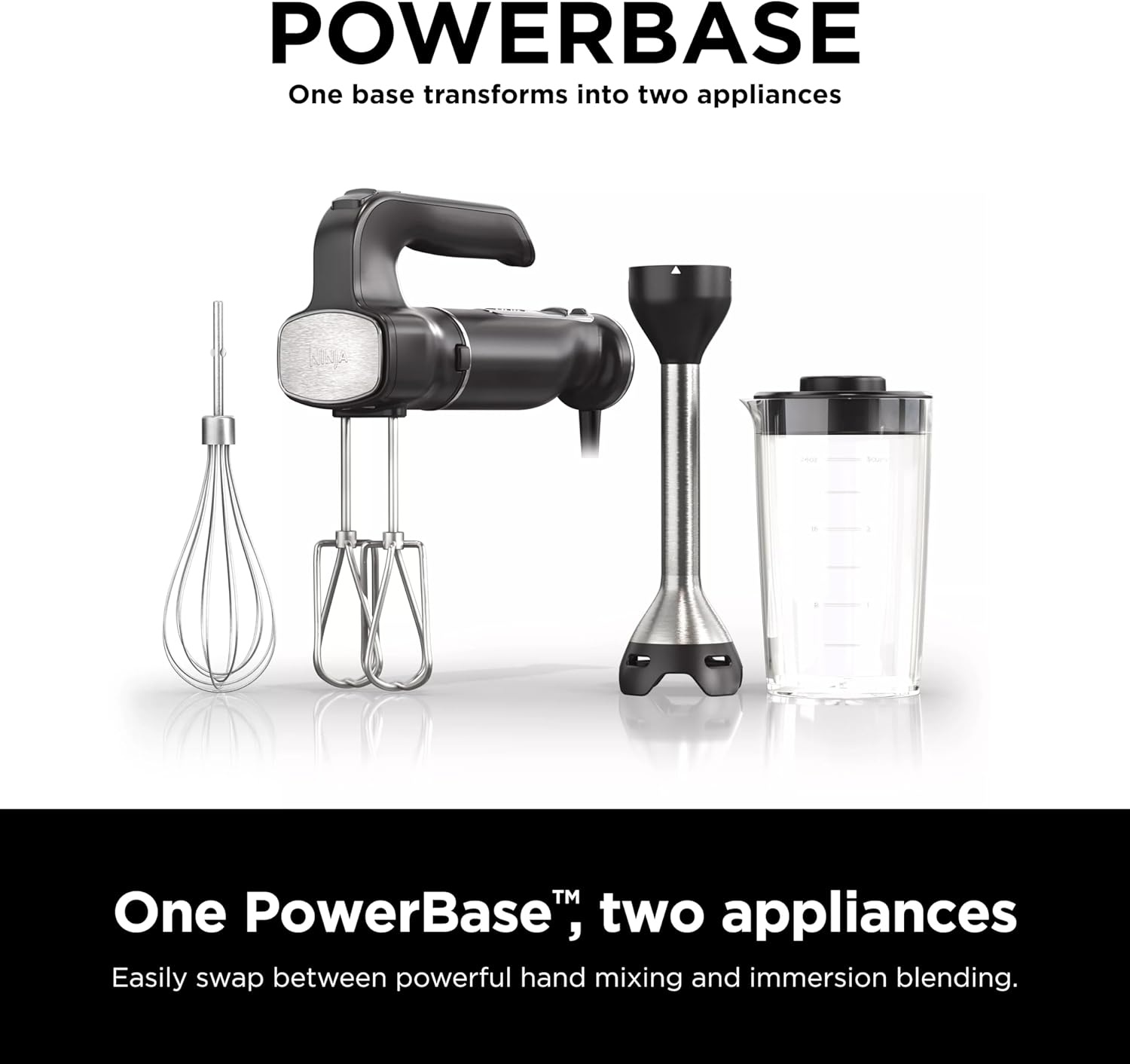 TorqueGrind Hand Mixer, Immersion Blender, Foodi Power Mixer System, 750-Peak-Watt Handheld Emulsion Blender & Electric Hand Mixer Combo With Whisk, Beaters & 3-Cup Blending Vessel,120 volts, Black CI101