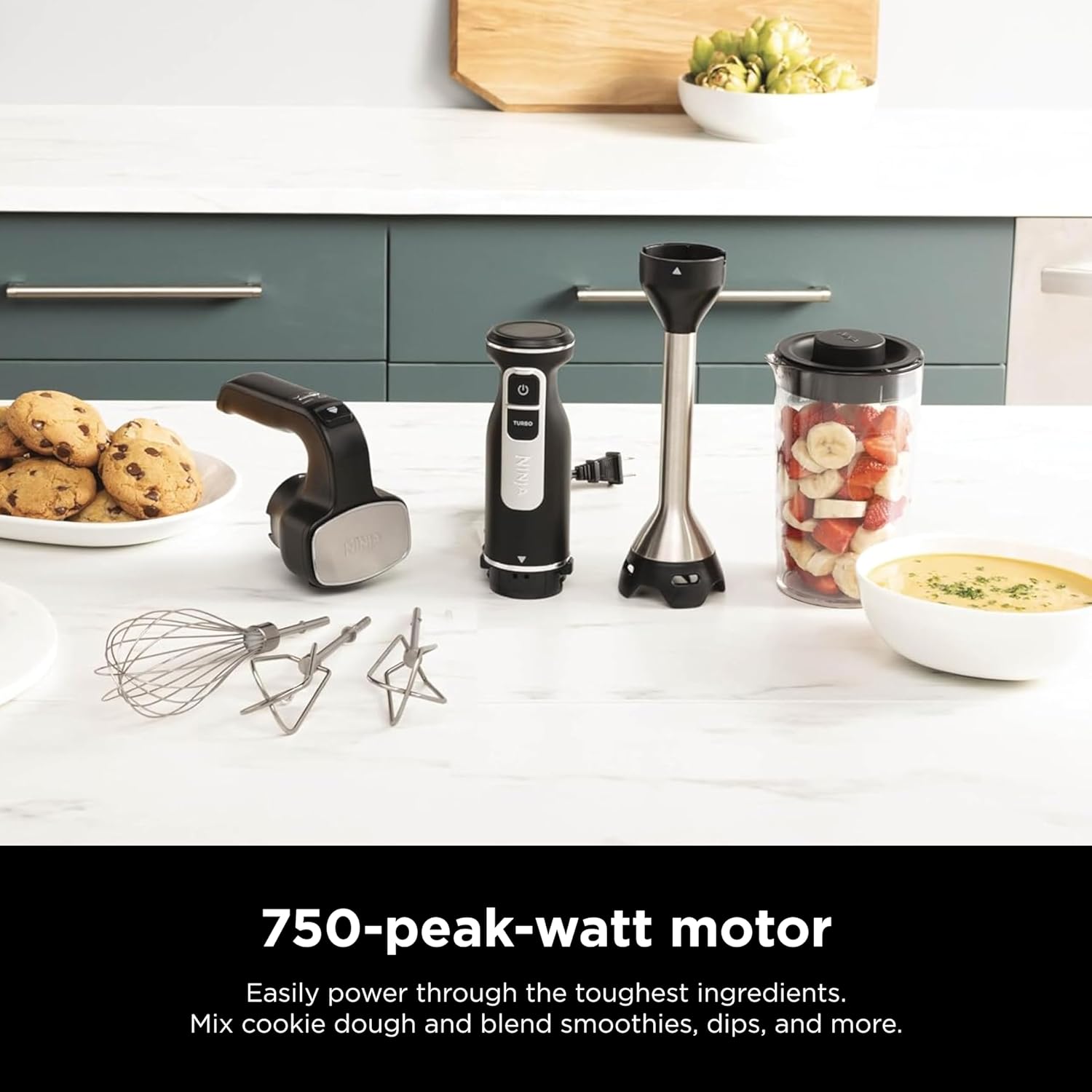 TorqueGrind Hand Mixer, Immersion Blender, Foodi Power Mixer System, 750-Peak-Watt Handheld Emulsion Blender & Electric Hand Mixer Combo With Whisk, Beaters & 3-Cup Blending Vessel,120 volts, Black CI101