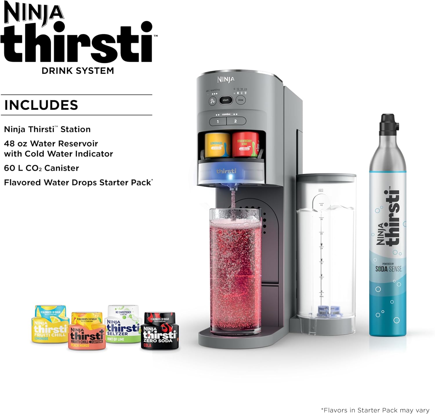 TorqueGrind Thirsti Drink System, Soda Maker, Create Unique Sparkling & Still Drinks, Personalize Size & Flavor, Carbonated Water Machine, 60L CO2 Cylinder & Variety of Flavored Water Drops, Black WC1001