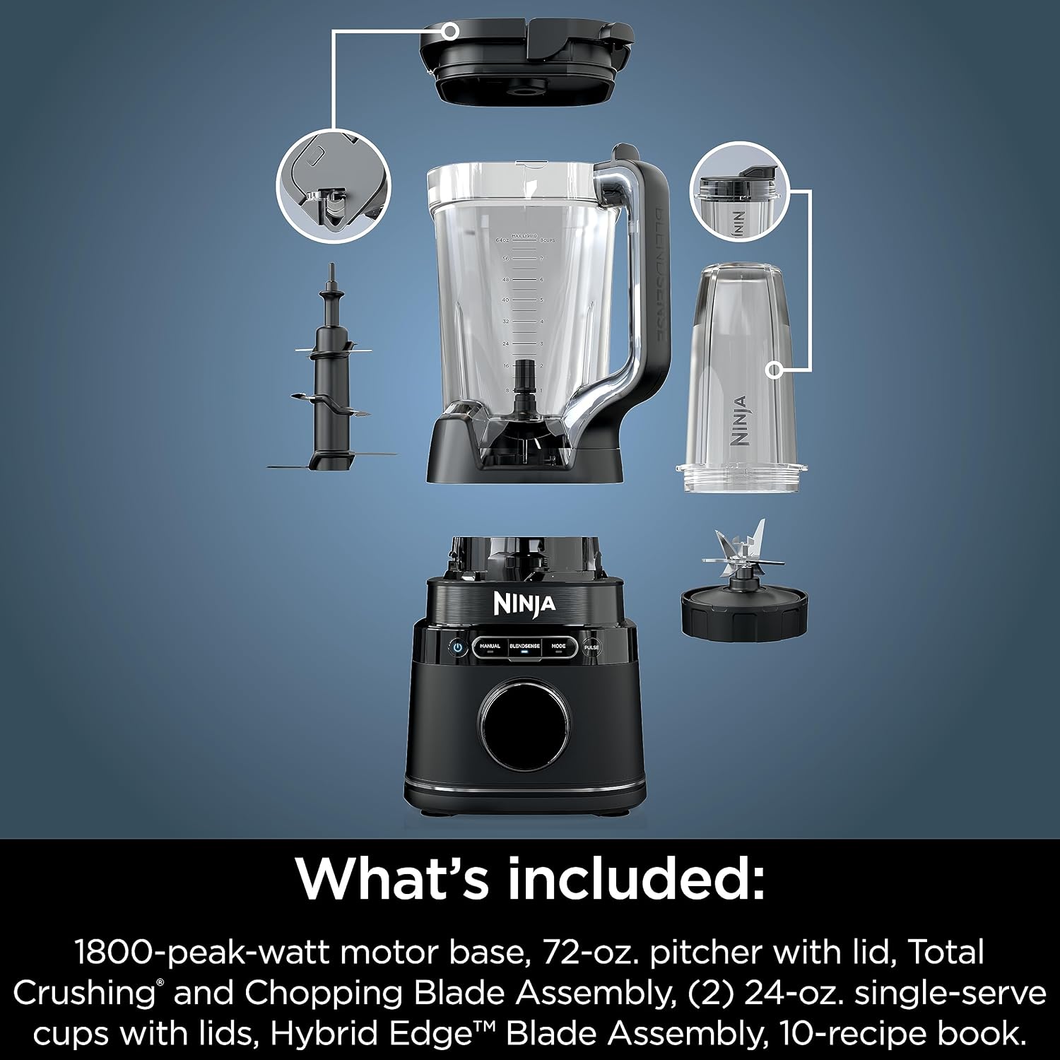 TorqueGrind TB201 Detect Power Blender Pro, BlendSense Technology, For Smoothies, Shakes & More, 1800 Peak Watts, 72 oz. Pitcher, Blender, Black