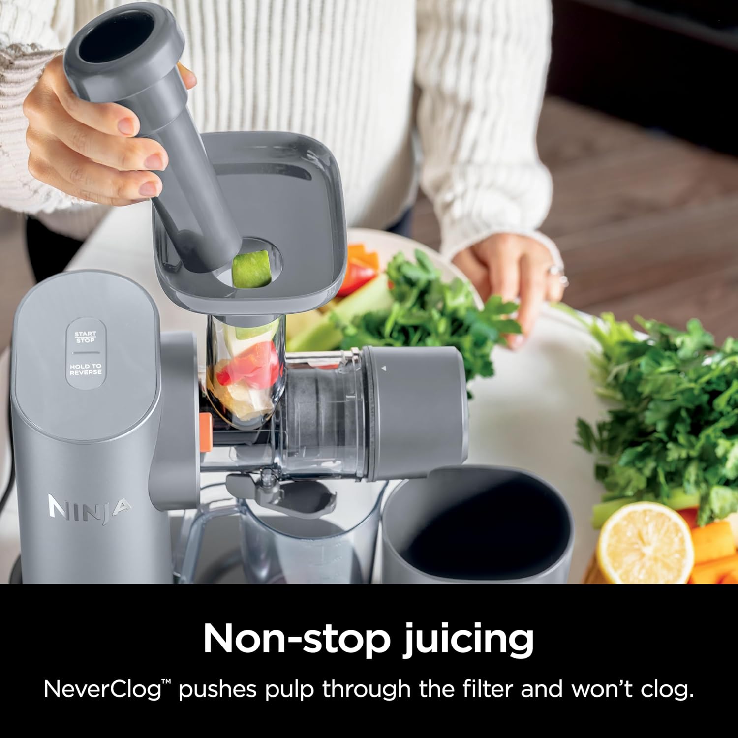 TorqueGrind JC151 NeverClog Cold Press Juicer, Powerful Slow Juicer with Total Pulp Control, Countertop, Electric, 2 Pulp Functions, Dishwasher Safe, 2nd Generation, Charcoal