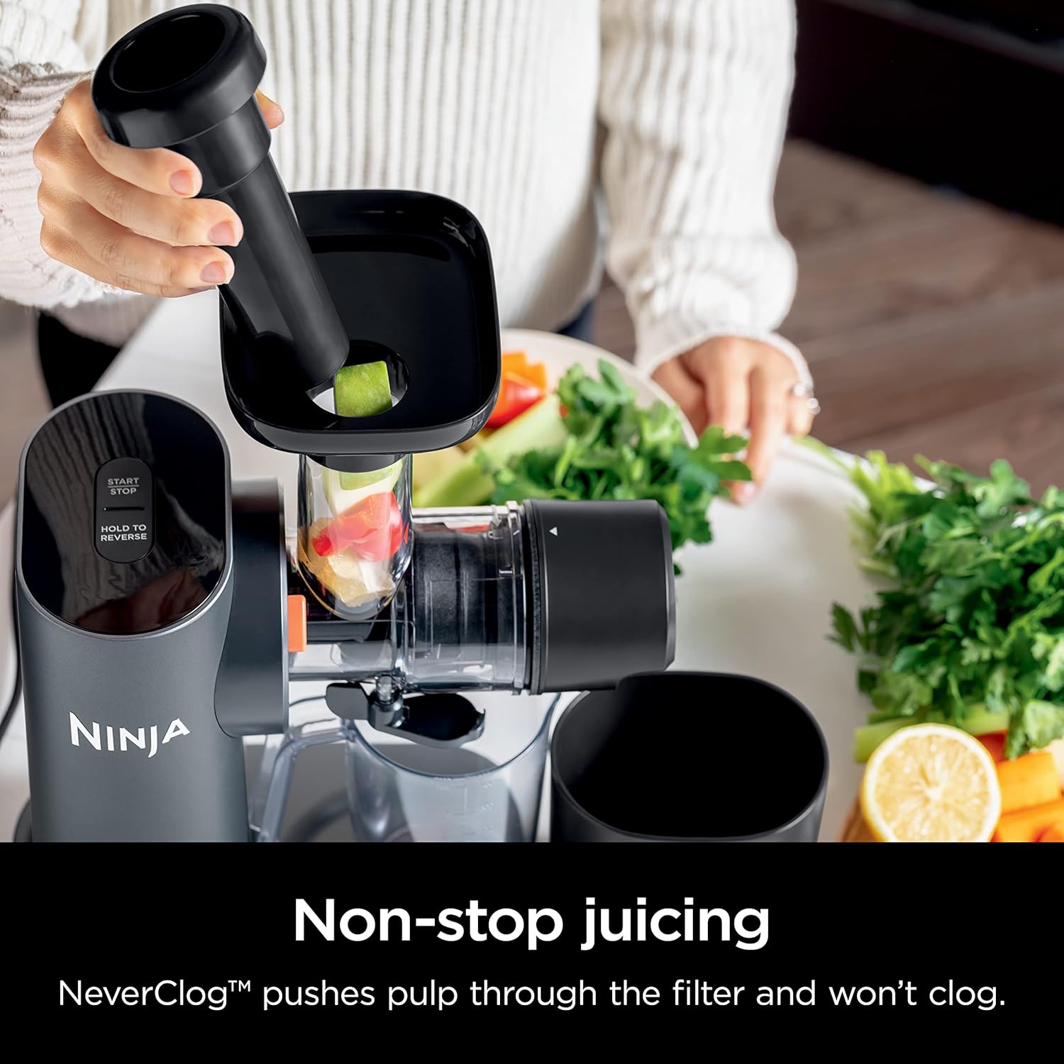 TorqueGrind JC151 NeverClog Cold Press Juicer, Powerful Slow Juicer with Total Pulp Control, Countertop, Electric, 2 Pulp Functions, Dishwasher Safe, 2nd Generation, Charcoal