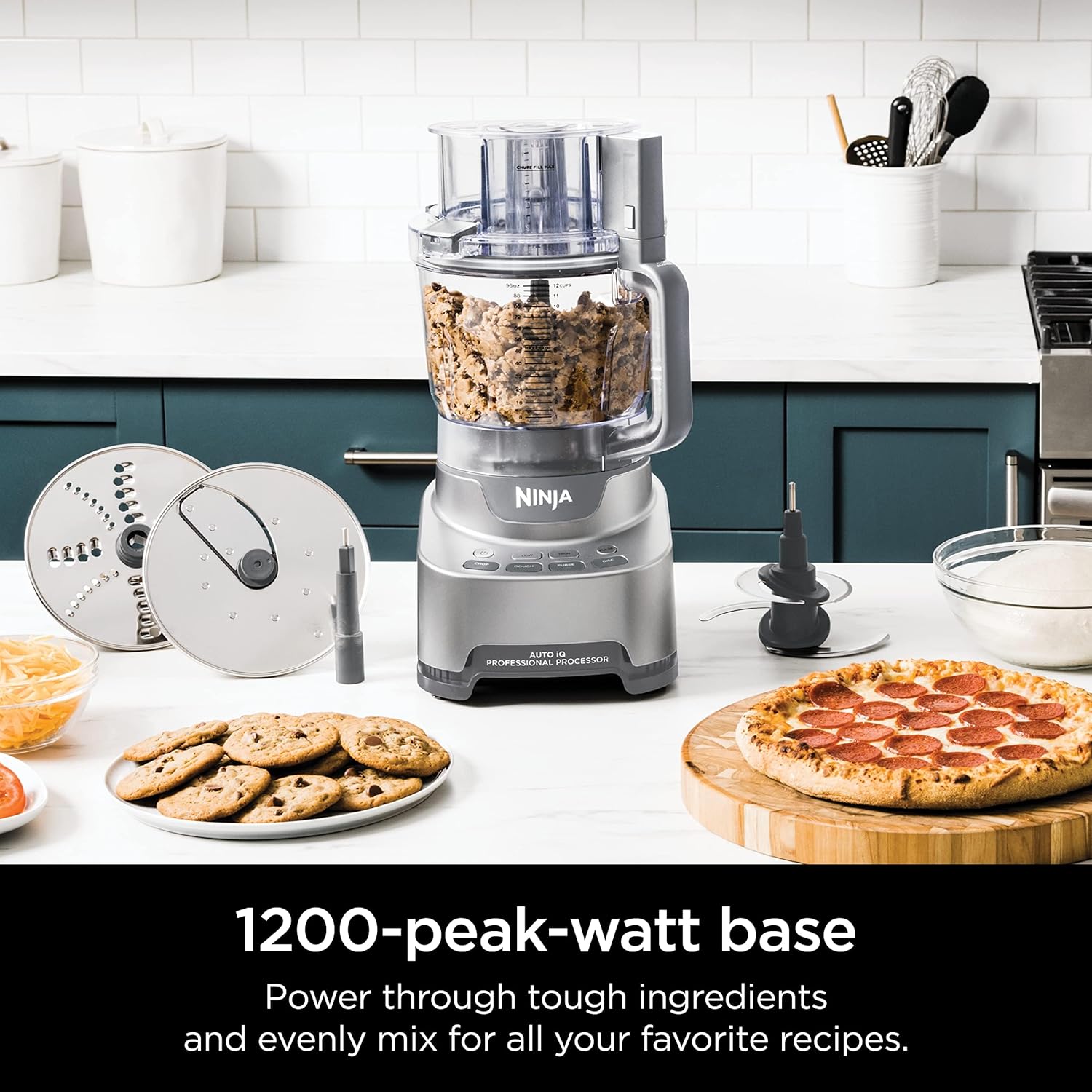 TorqueGrind NF705BRN Professional XL Food Processor, Storage Box, 1200 Peak-Watts, 4-in-1, Chopping, Slicing/Shredding, Purees, Dough, 12-Cup Processor Bowl, 2 Blades & 2 Discs, Feed Chute/Pusher, Black