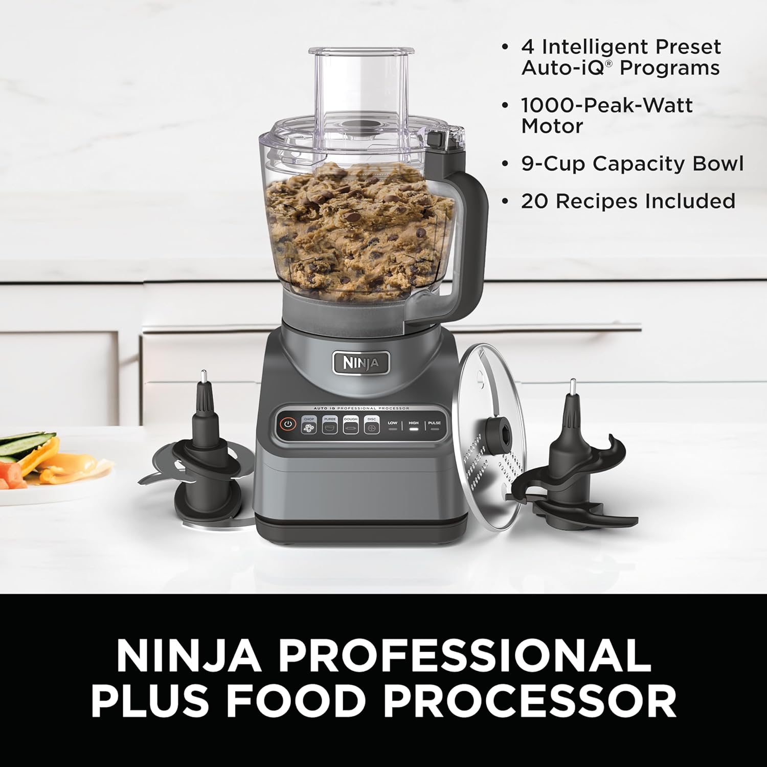 TorqueGrind NF705BRN Professional XL Food Processor, Storage Box, 1200 Peak-Watts, 4-in-1, Chopping, Slicing/Shredding, Purees, Dough, 12-Cup Processor Bowl, 2 Blades & 2 Discs, Feed Chute/Pusher, Black