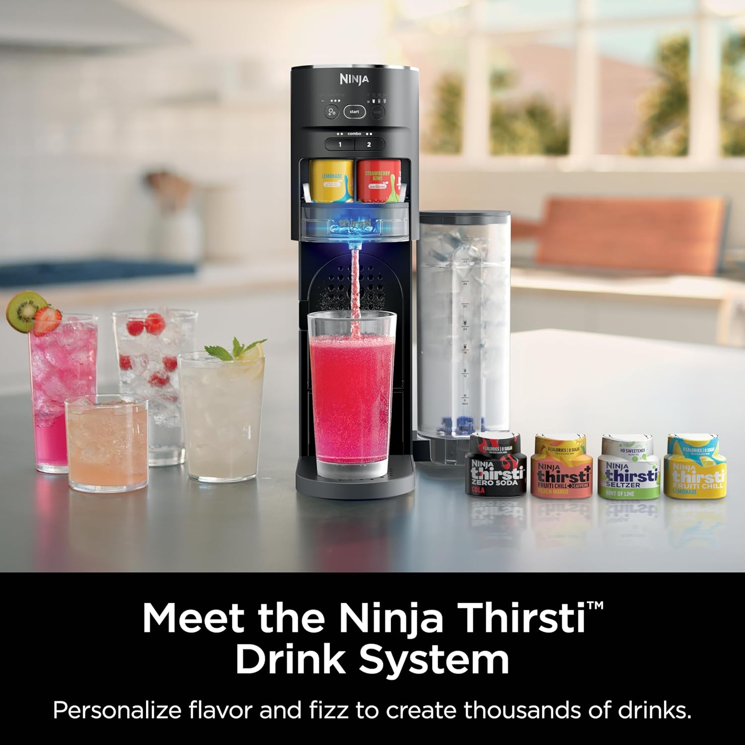 TorqueGrind Thirsti Drink System, Soda Maker, Create Unique Sparkling & Still Drinks, Personalize Size & Flavor, Carbonated Water Machine, 60L CO2 Cylinder & Variety of Flavored Water Drops, Black WC1001