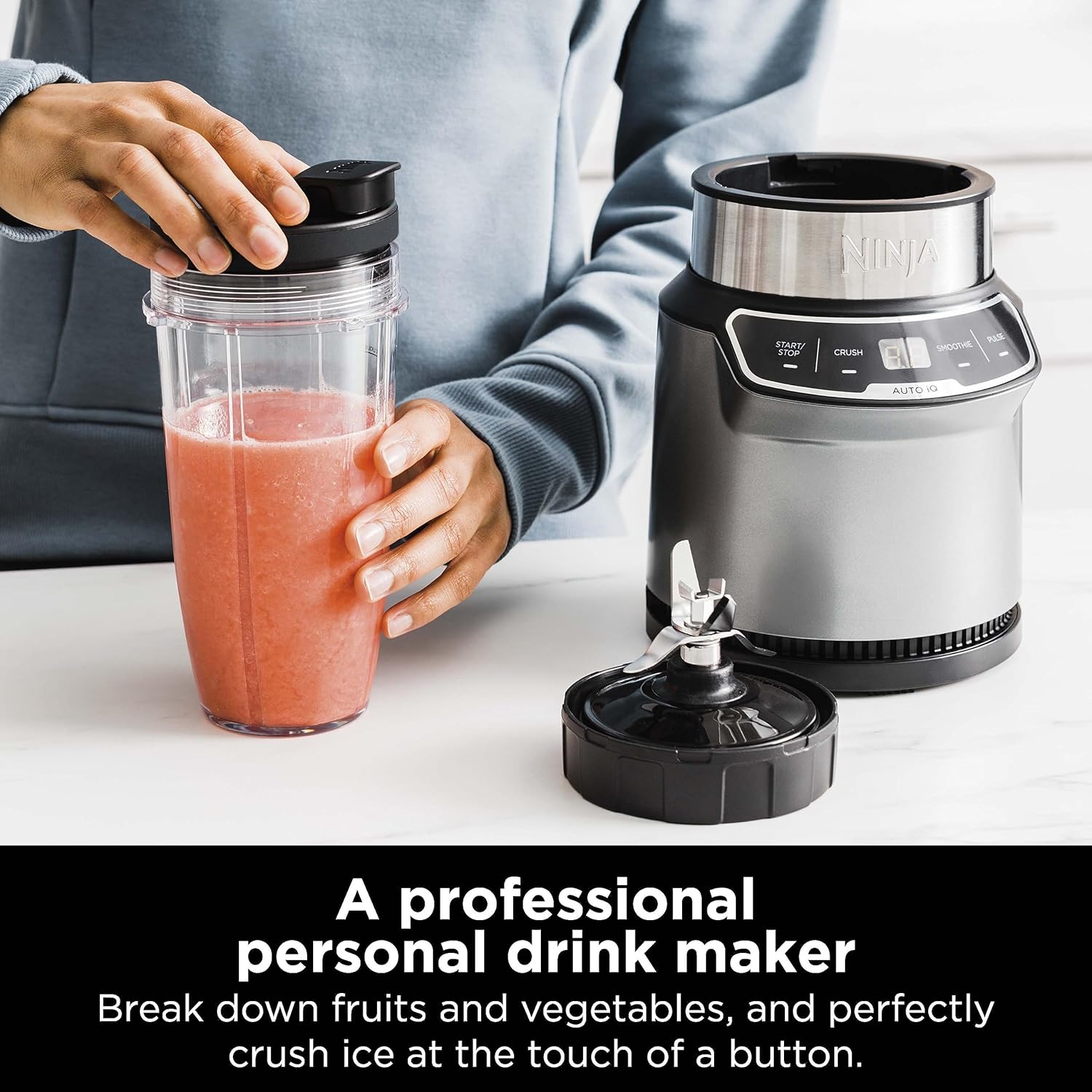 TorqueGrind BN301 Nutri-Blender Plus Compact Personal Blender, 900-Peak-Watt Motor, Frozen Drinks, Smoothies, Sauces & More, (3) 20 oz. To-Go Cups, (2) Spout-Lids (1) Storage-Lid, Dishwasher Safe, Silver