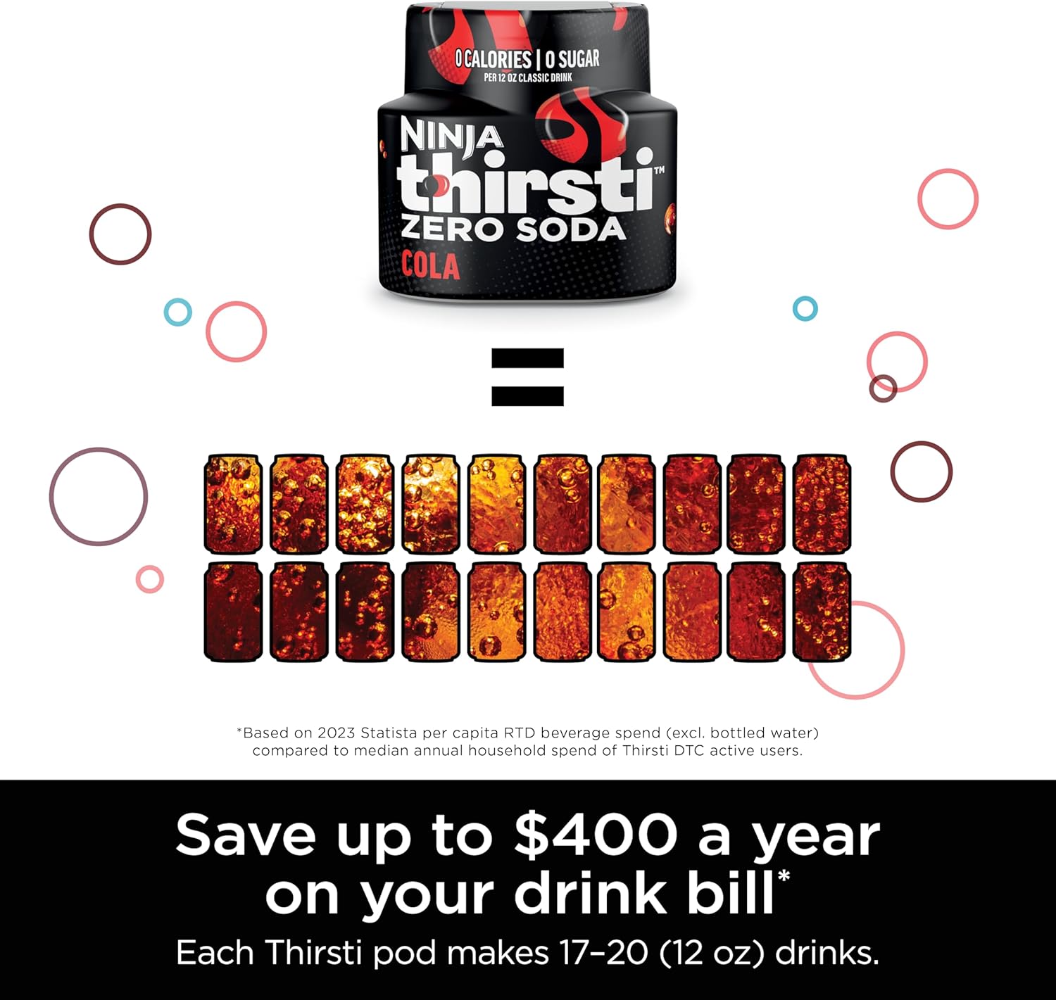 TorqueGrind Thirsti Drink System, Soda Maker, Create Unique Sparkling & Still Drinks, Personalize Size & Flavor, Carbonated Water Machine, 60L CO2 Cylinder & Variety of Flavored Water Drops, Black WC1001