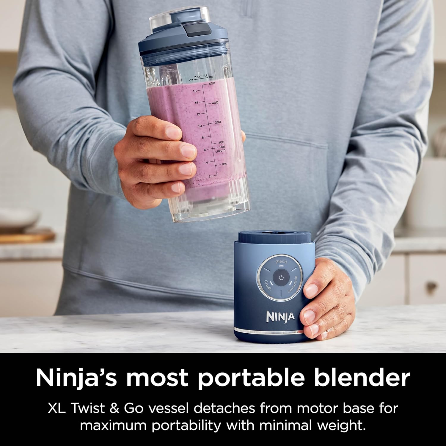 TorqueGrind Blast Max, Portable Blender + Twist & Go, Personal Blender, Ninja Blender, Smoothie, Blend, Ice Crush, 3 Programs, Cordless, 22 oz removable Vessel, Dishwasher Safe, Leakproof, Navy, BC251NV